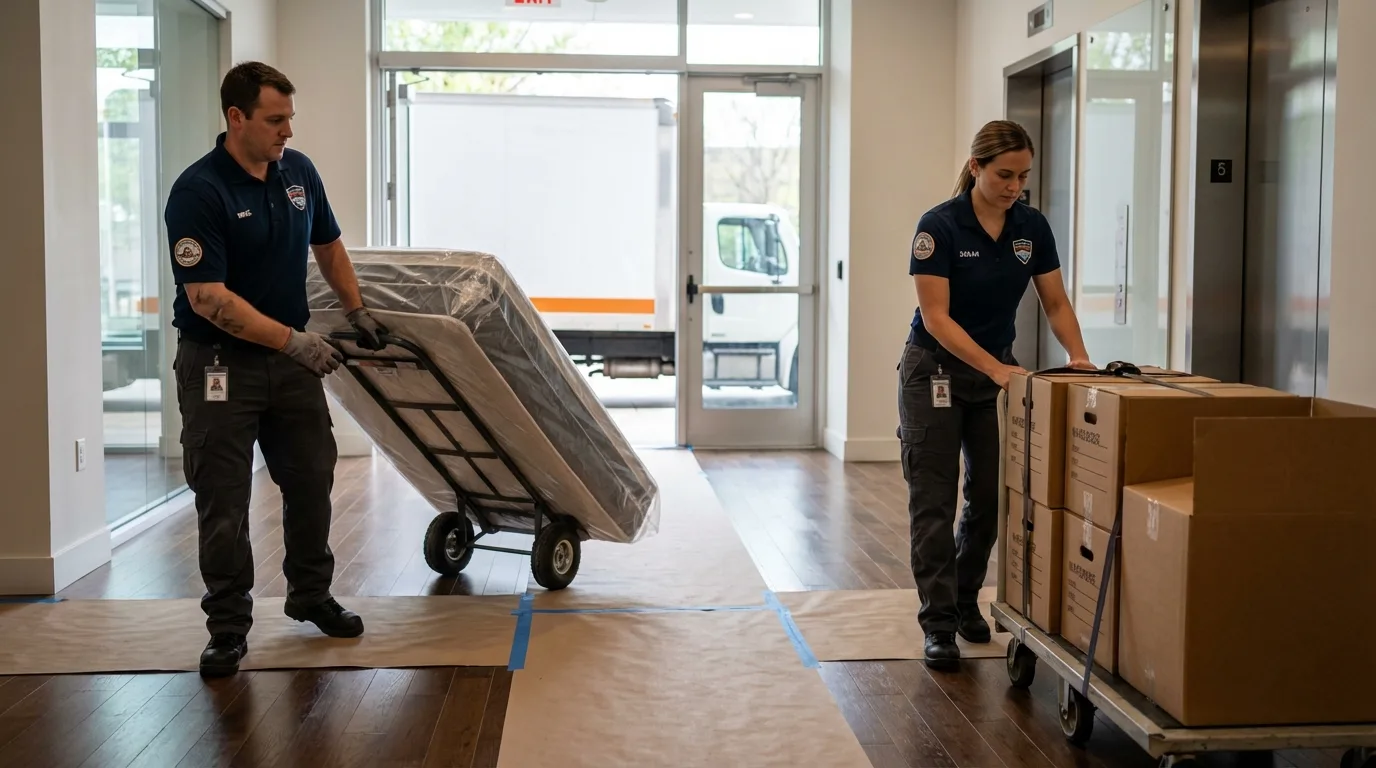 Professional apartment movers loading elevator in Buchanan, VA